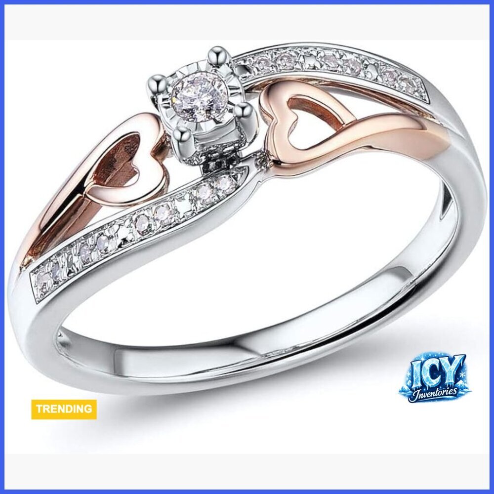 Sterling Silver Diamond Promise Ring with Rose Gold Hearts 1/10 CTTW
